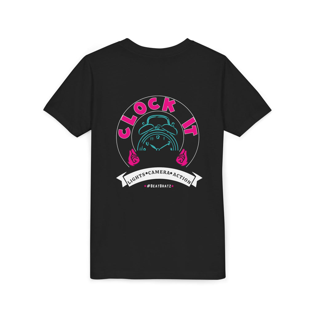 Clock It Alarm Clock Kids Tee | Lights Camera Action, Pink Teal Design