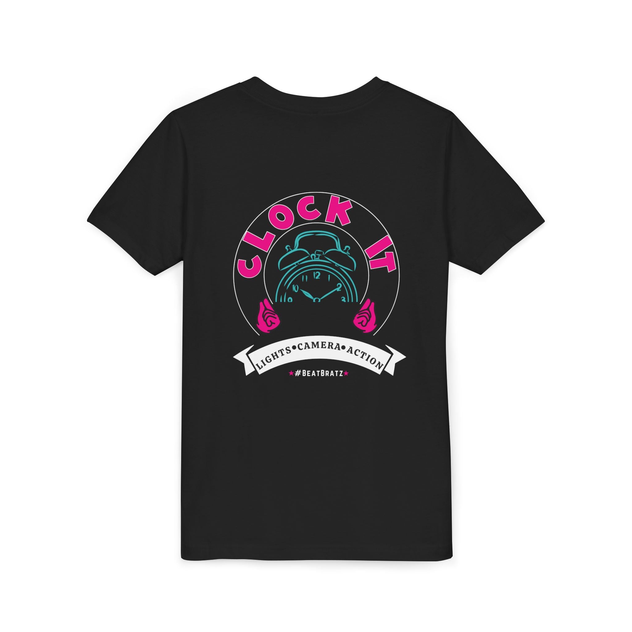 Clock It Alarm Clock Kids Tee | Lights Camera Action, Pink Teal Design