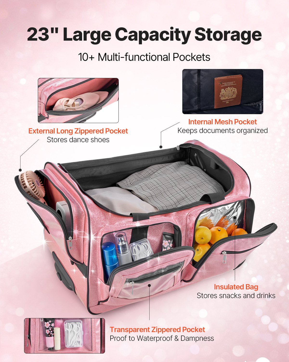Pink Dance Competition Bag With Garment Rack, 23 Inch Rolling Dance Duffel, With Wheels & USB Port
