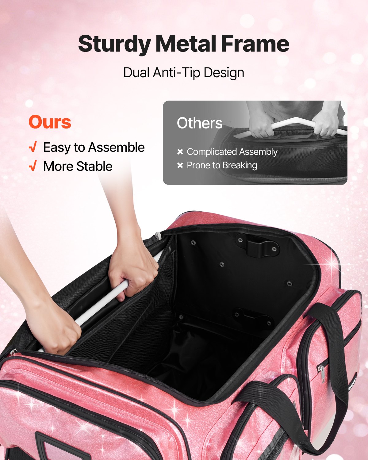 Pink Dance Competition Bag With Garment Rack, 23 Inch Rolling Dance Duffel, With Wheels & USB Port
