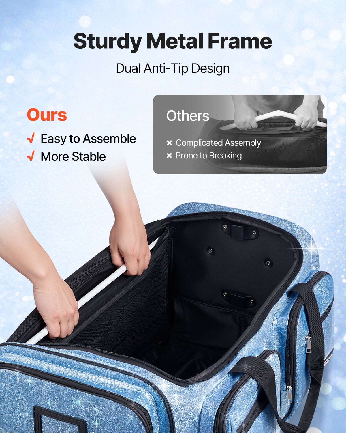 Blue Dance competition Bag With Garment Rack, 29 Inch Rolling Dance Duffel, With Wheels & USB Port