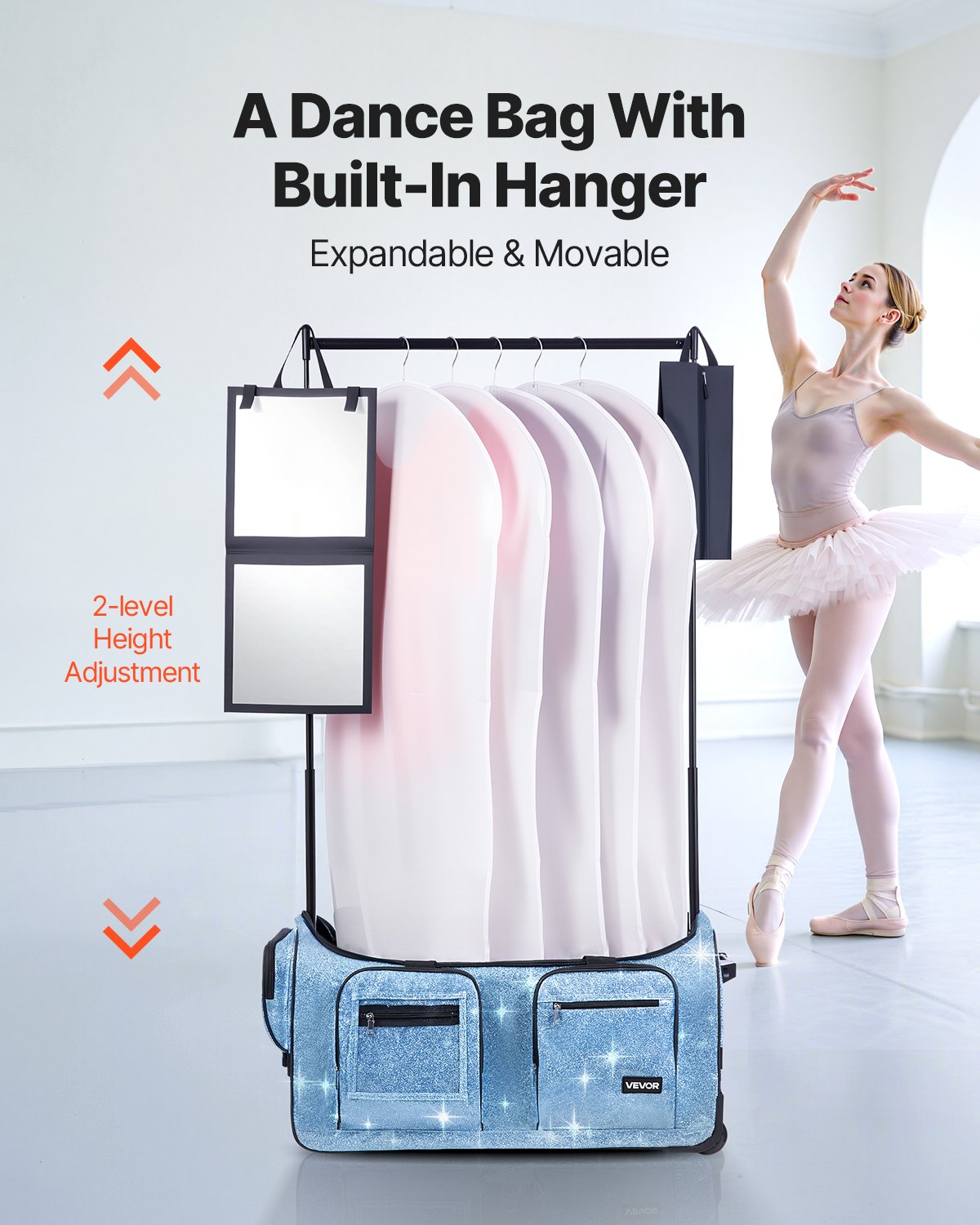 Blue Dance competition Bag With Garment Rack, 29 Inch Rolling Dance Duffel, With Wheels & USB Port