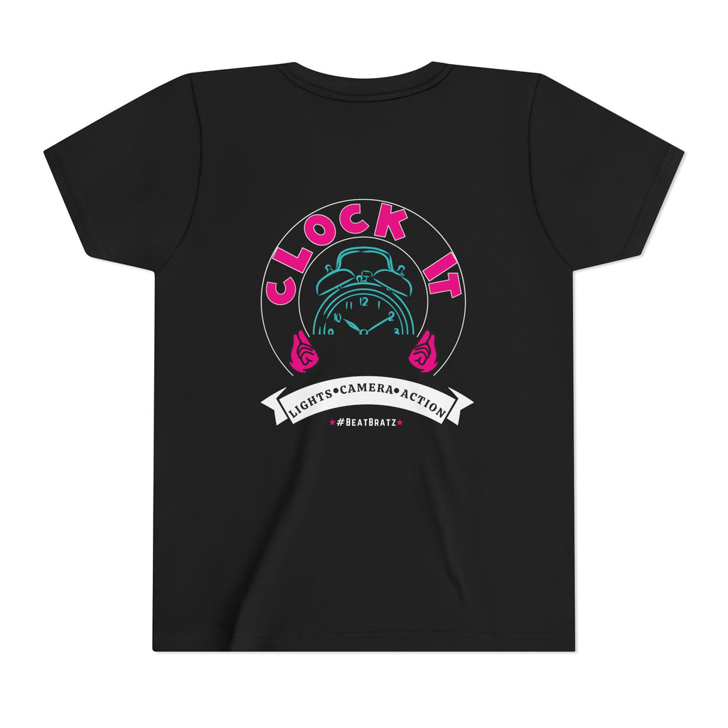 Clock It Alarm Clock Kids Tee | Lights Camera Action, Pink Teal Design
